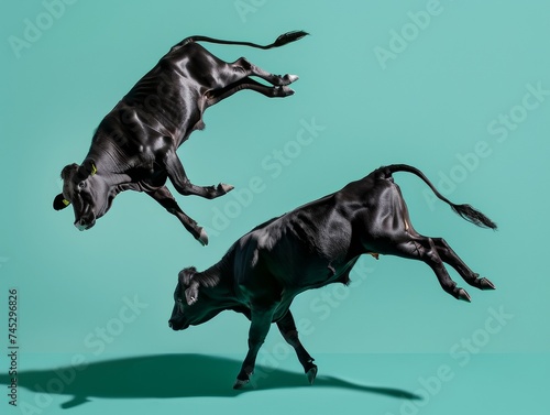 Two black cows mid-leap against a cyan backdrop, a playful take on weightlessness and freedom in farm animals