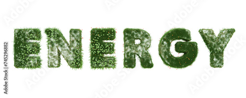 green grass text ENERGY on transparent background. 3d render modern letter isolated for logo, decorative, creativity etc.