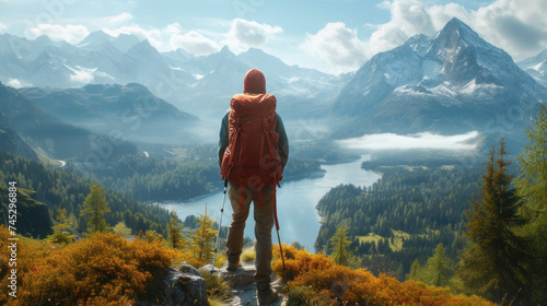 Intrepid explorer pauses on an alpine trek to marvel at the sweeping view of mist-clad mountains, a winding river, and the vibrant hues of an autumn forest
