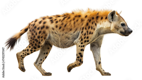 Side view running hyena isolated on white or transparent background, png clipart, design element. Easy to place on any other background. photo