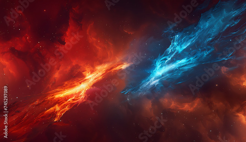 two blue and red flames on a red background in the st