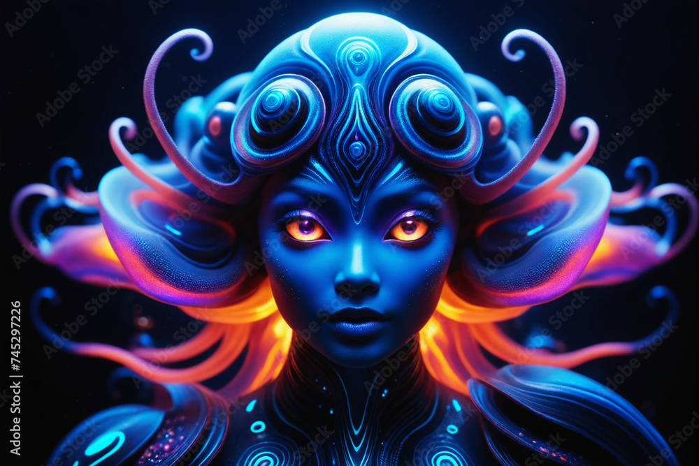 A surreal portrait of a very cute bioluminescent creature, surrounded by swirling patterns that gleam with colorful hues and neon-lit eyes