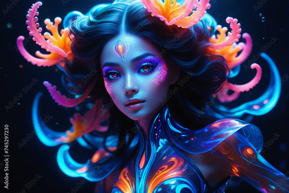 Obraz premium A surreal portrait of a very cute bioluminescent creature, surrounded by swirling patterns that gleam with colorful hues and neon-lit eyes