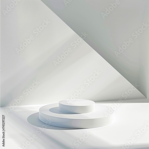Elegant white marble cylindrical podiums in a hazy light, perfect for product presentation or abstract modern design © Breezze