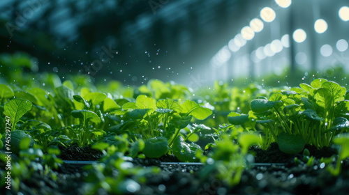 Rows of vibrant young seedlings reach for the nourishing glow of artificial lights in a sustainable greenhouse, symbolizing innovation in agriculture and growth