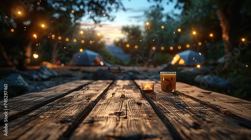 Wooden table on blurry tent, tent travel at night Concepts for product editing or important visual layout design.