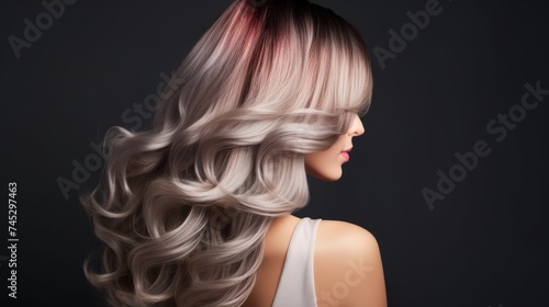 Beautiful hairstyle of a woman after dyeing hair and making highlights, isolated on a grey background.