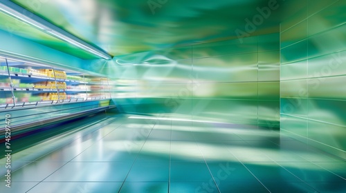 Supermarket aisle with a creative motion blur effect, showcasing the vibrant colors of product packaging and modern retail space design