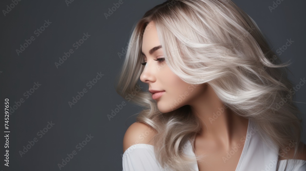 Beautiful hairstyle of a woman after dyeing hair and making highlights, isolated on a grey background. Beautiful hairstyle of a woman after dyeing hair and making highlights, isolated on a grey background.