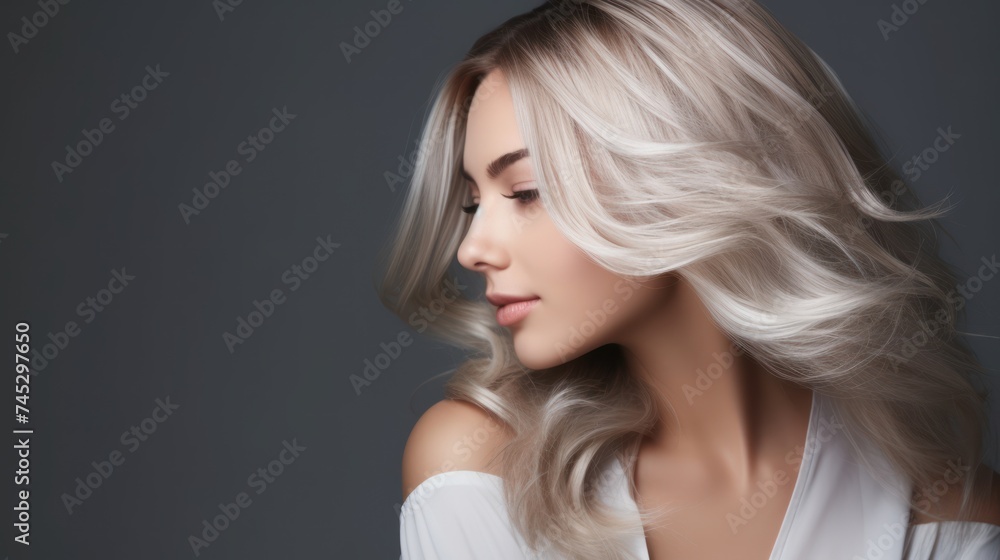 Beautiful hairstyle of a woman after dyeing hair and making highlights, isolated on a grey background.