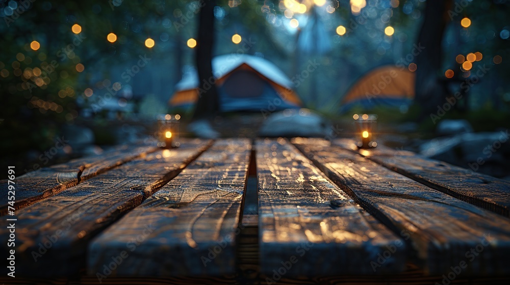 Wooden table on blurry tent, tent travel at night Concepts for product editing or important visual layout design. - obrazy, fototapety, plakaty 