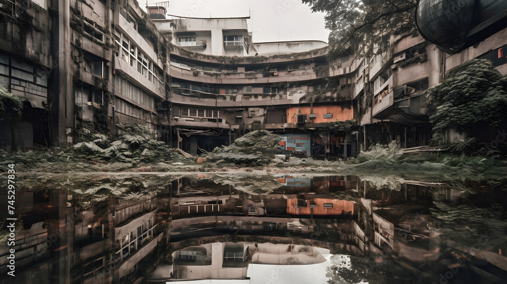 a building surrounded by buildings and a puddle
