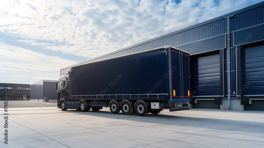 Modern truck parked near a logistics center.