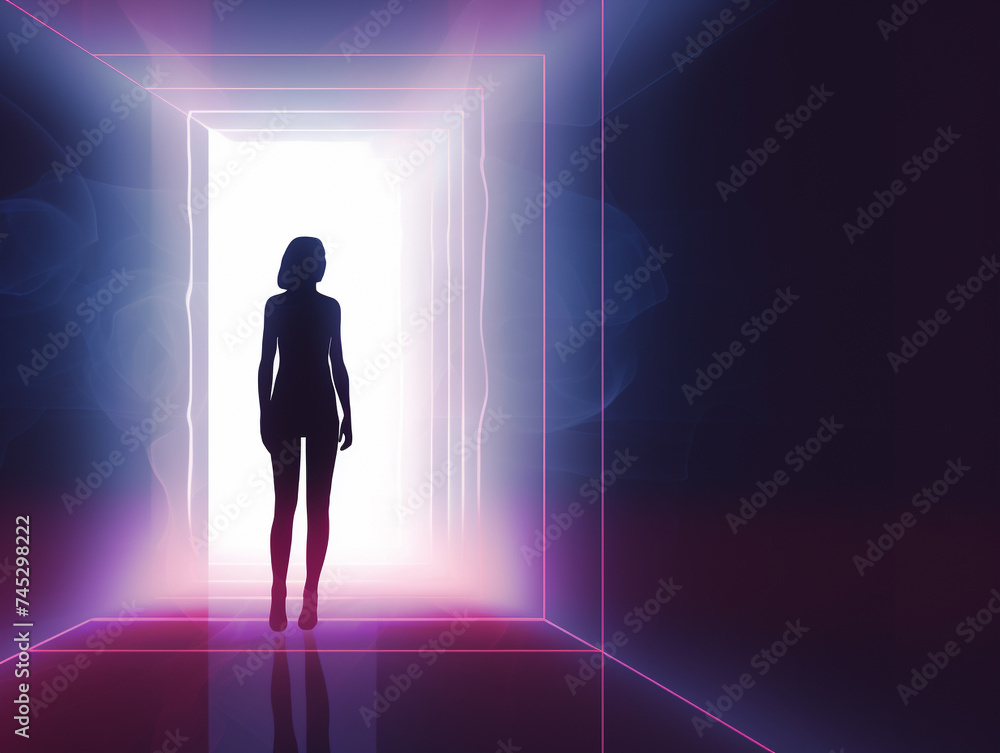 Minimalist girl, with a futuristic aura, standing in a digital void Minimalist girl, with a futuristic aura, standing in a digital void