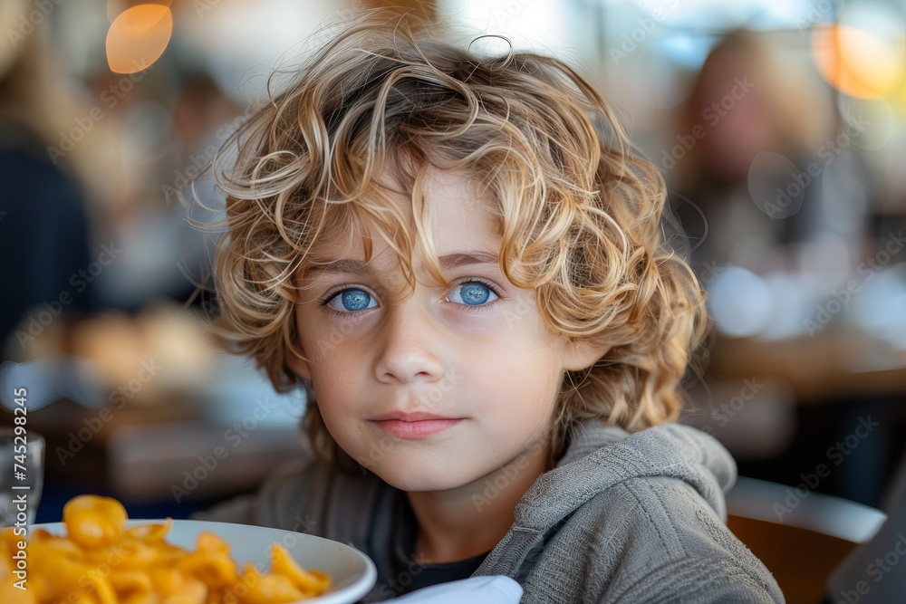 Young boy with blue eyes enjoying a meal in a restaurant setting Young boy with blue eyes enjoying a meal in a restaurant setting