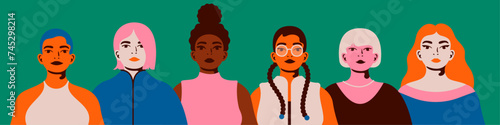 March 8 International Women's Day background illustration. Flat vector illustration of six women of different cultures. Diversity and women empowerment. Sisterhood and girl power.