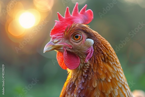 A detailed image capturing the vivid colors & textures of a brown chicken’s head against a blurry background photo