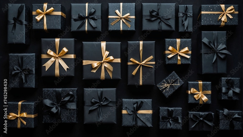 Black present boxes with golden ribbons. Minimal abstract Christmas, New Year or birthday celebration concept. Gift idea. Copy space.