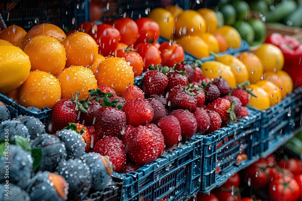 Vibrant, wet fruit and vegetables in baskets, showing freshness and variety Vibrant, wet fruit and vegetables in baskets, showing freshness and variety