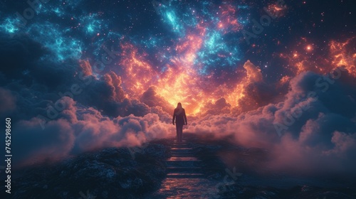 Cosmic Journey: Solitary Figure Amidst Starry Sky and Clouds © jechm