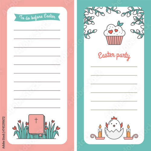 Set of Easter Template for Header of Letter, List, Note. Empty line with Copyspace. Christianity Bible, Grass with Tulip Flower, Pussy Willow Branch, Cupcake, Baby Chicken in Eggshell and Candle