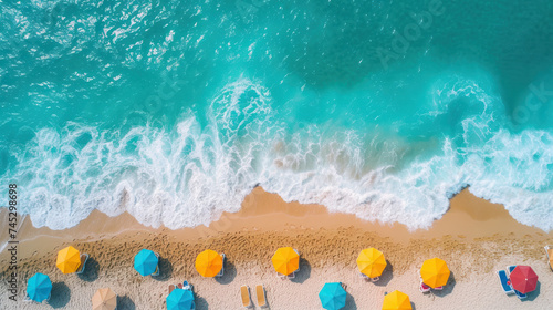 Aerial view of a serene beach dotted with colorful umbrellas, the white foam of the waves gently kissing the sandy shore, a perfect summer retreat