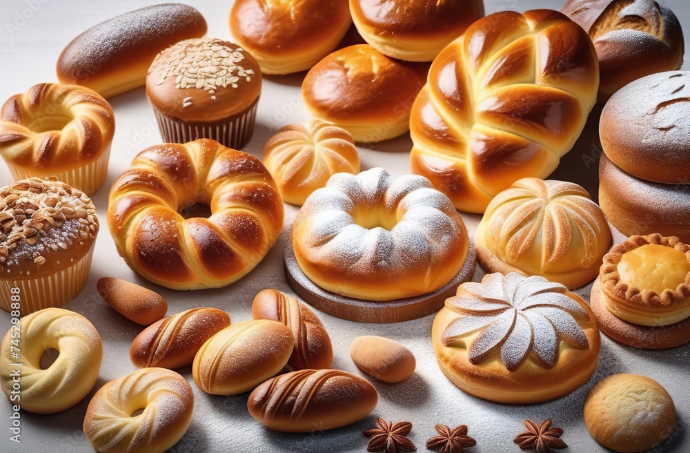 Set of fresh homemade bakery products on a white background. Set of fresh homemade bakery products on a white background.