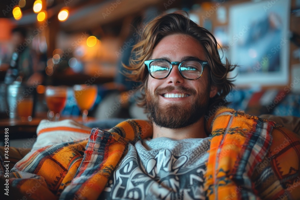 A casual and relaxed mood is evoked by a person resting in a plaid shirt at a rustic bar with bokeh lights A casual and relaxed mood is evoked by a person resting in a plaid shirt at a rustic bar with bokeh lights