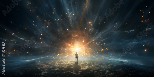 A mystical figure emanating with celestial light and cosmic particles. Concept Mystical, Celestial Light, Cosmic Particles