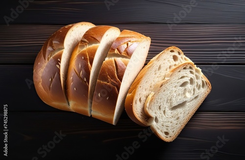 Top view of sliced wholegrain bread on dark ructic wooden background closeup photo