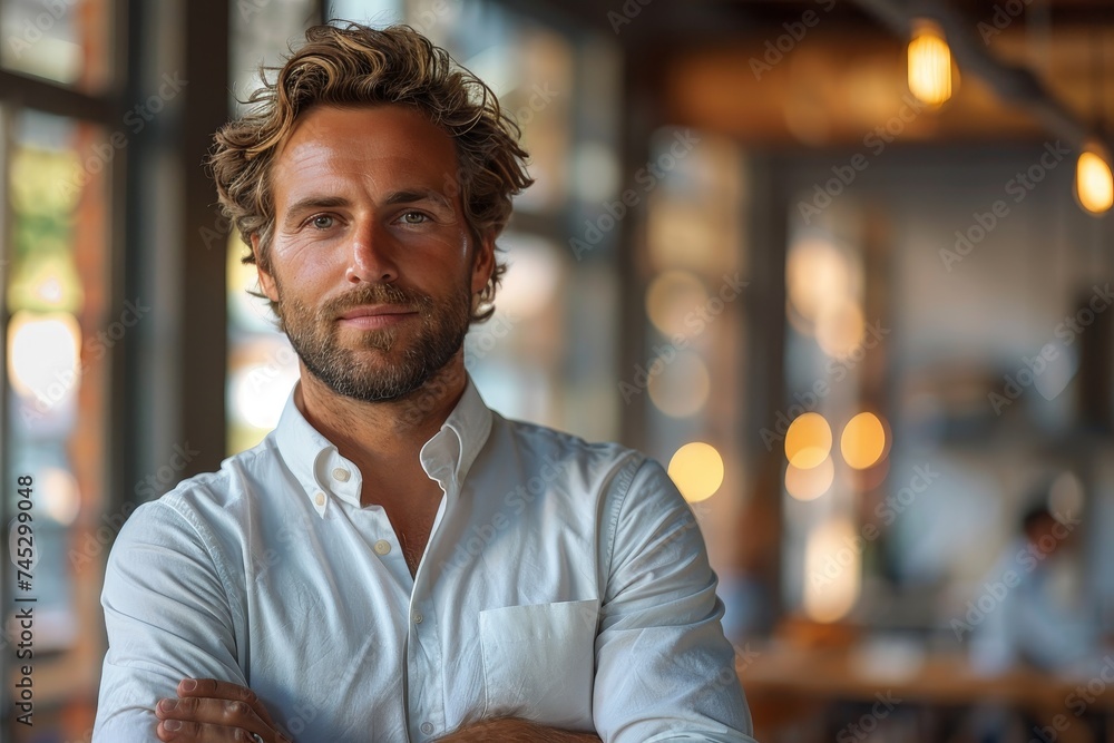 Handsome adult male with wavy hair and confident posture posing in a business casual setting with soft focus background Handsome adult male with wavy hair and confident posture posing in a business casual setting with soft focus background