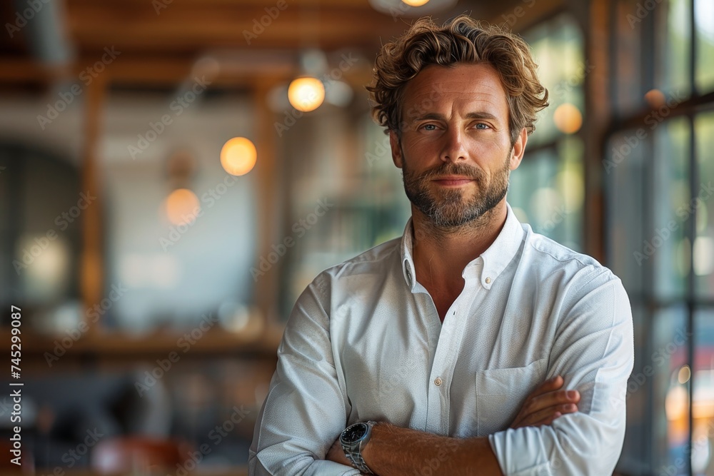 Fototapeta premium Confident business casual man smiling with arms crossed in an office setting