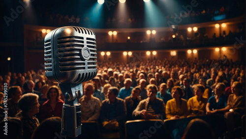 Retro microphone in front of an audience. Musical performance concept. Festival and party idea. Copy space.