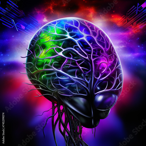 Futuristic brain-computer interface in action, neural connections illustrated in vibrant watercolor strokes photo