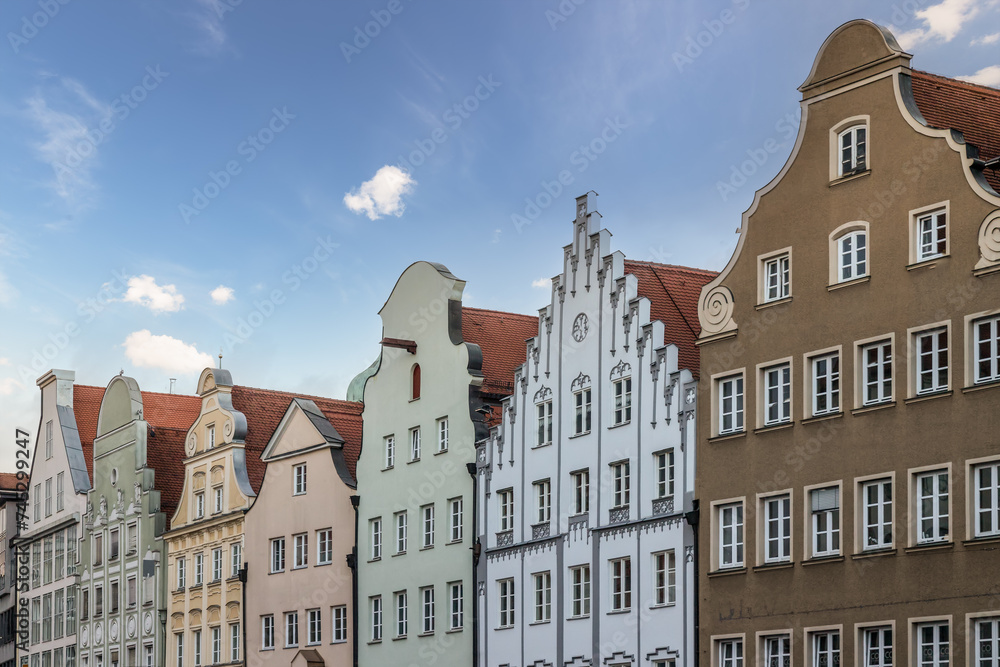 Facades of historic buildings in the old town of Augsburg in Germany.