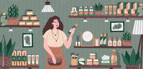 Skincare cosmetic products. Beauty shop. Woman choosing moisturizing cream in boutique. Skin care and makeup store. Girl buyer holding perfumery shampoo or lotion. Vector illustration