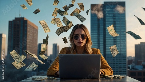 Young person working on laptop with money falling all over. Digital nomad, freelance and work on distance concept. Copy space.