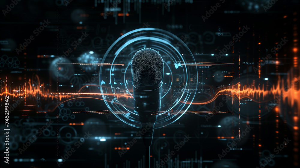 3d rendering of microphone and sound wave in cyberspace concept 3d rendering of microphone and sound wave in cyberspace concept
