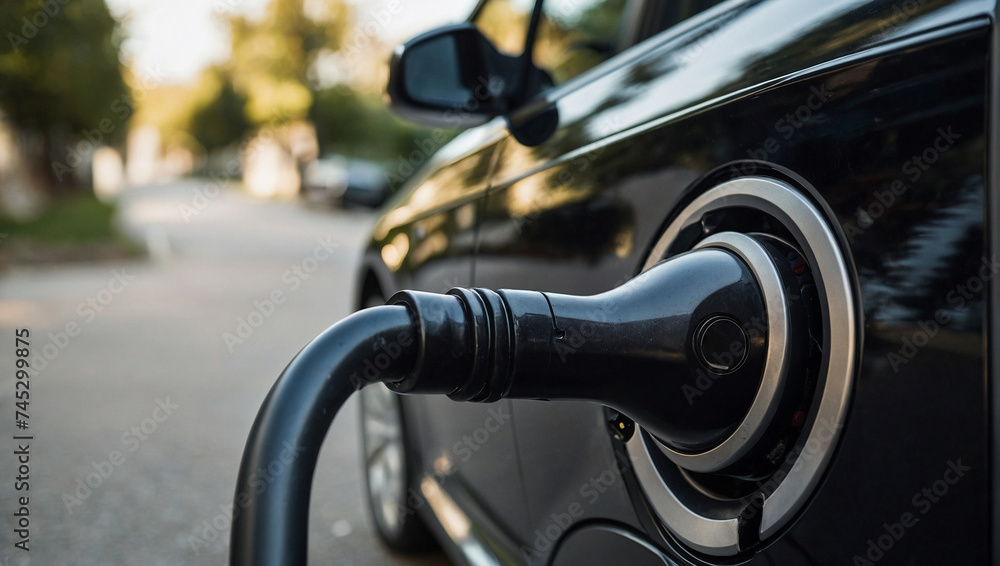 Electric car plug in charging station. Environmental and eco friendly concept. New technologies idea. Copy space.