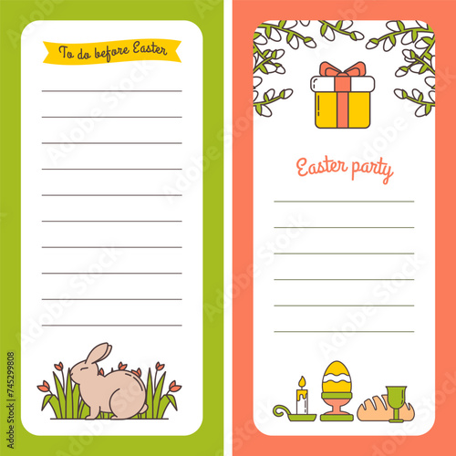 Set of Easter Template for Header of Letter, List, Note, Reminder. Empty line with Space for Message. Easter Bunny in the Grass with Flowers, Willow Branches, Gift, Bread, Wine, Painted Egg and Candle