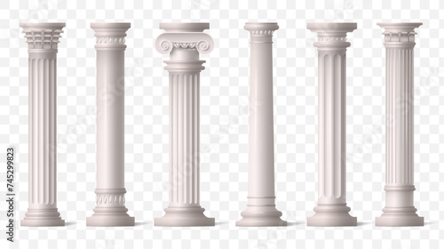 Greek pillars. Roman ancient columns from 3d marble greece temple, antique corinthian sculpture. Classic colonnade with carved stone. Vector isolated on transparent background illustration