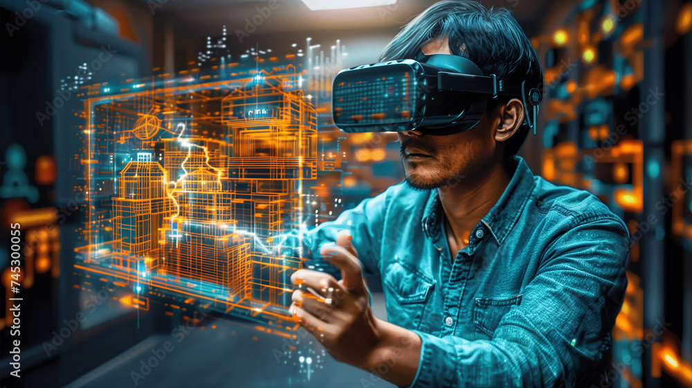 Fototapeta premium Digital design innovation: engaging with virtual reality, man enhances 3D model for architecture