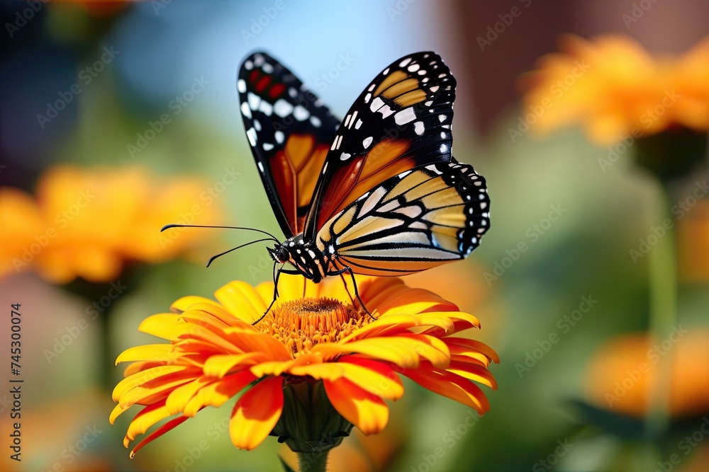 Obraz premium Monarch Butterfly on Orange Flower in Beautiful Garden - Nature Closeup Macro Shot In Summer.