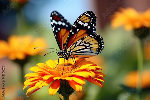 Monarch Butterfly on Orange Flower in Beautiful Garden - Nature Closeup Macro Shot In Summer.