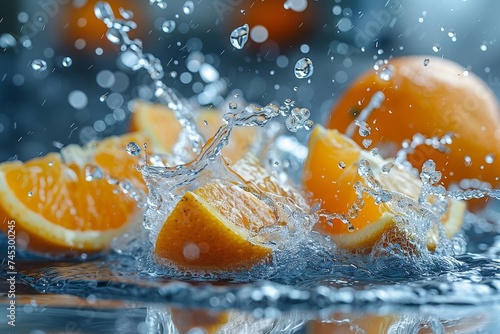 Dynamic close-up of vibrant orange slices splashing in clear water, surrounded by bubbles and droplets