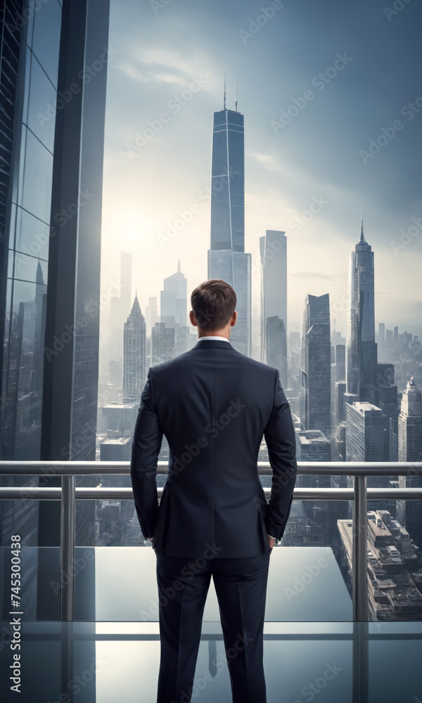 Professional photo shoot of business man in a suit standing in front of a cityscape with skyscrapers in the background - obrazy, fototapety, plakaty 