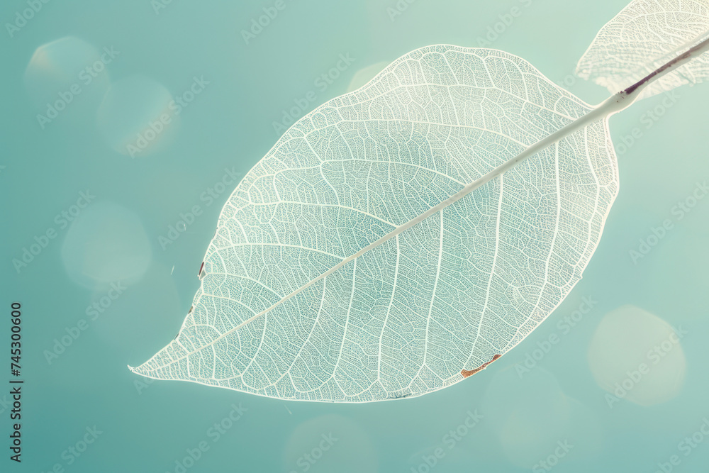 White transparent skeleton leaf with beautiful texture on a turquoise abstract background. White transparent skeleton leaf with beautiful texture on a turquoise abstract background.