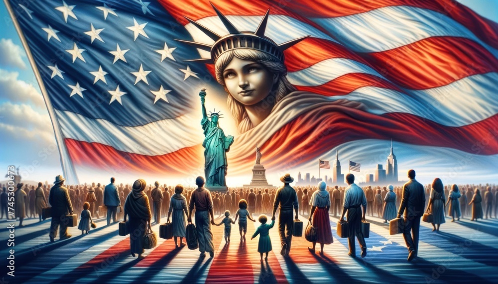 Emigration to the USA symbolized by diverse silhouettes moving towards the flag and Statue of Liberty - obrazy, fototapety, plakaty 