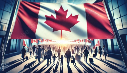 Emigration to Canada symbolized by diverse silhouettes moving towards the flag
