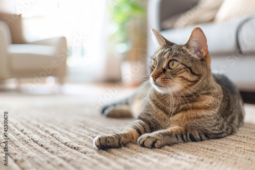 Cute cat indoors lying on a carpet on blur living room background.